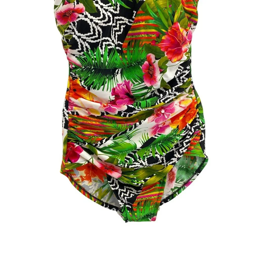Vintage Maxine floral print one piece swimsuit size 8‎ ruched front tropical